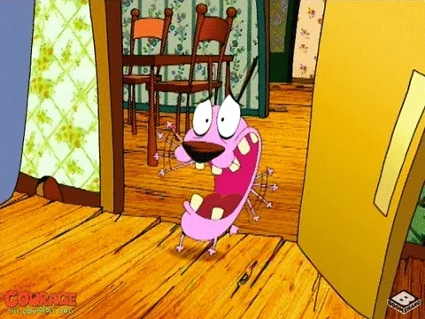 A GIF of a pink cartoon dog screaming.