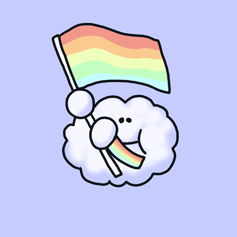 A GIF of a cartoon cloud waving a rainbow Pride flag